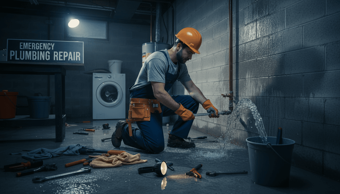 Professional plumber responding to emergency pipe damage in home