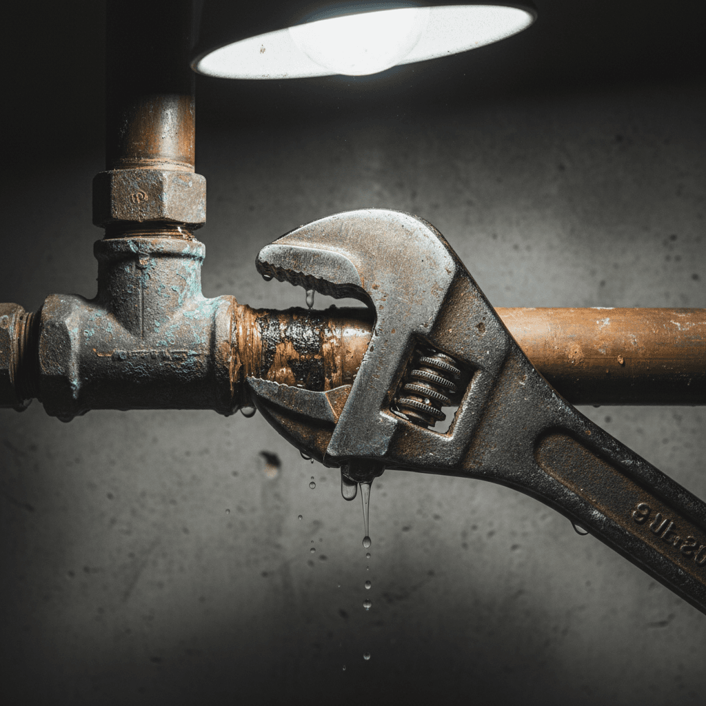 Plumber repairing burst pipe with wrench