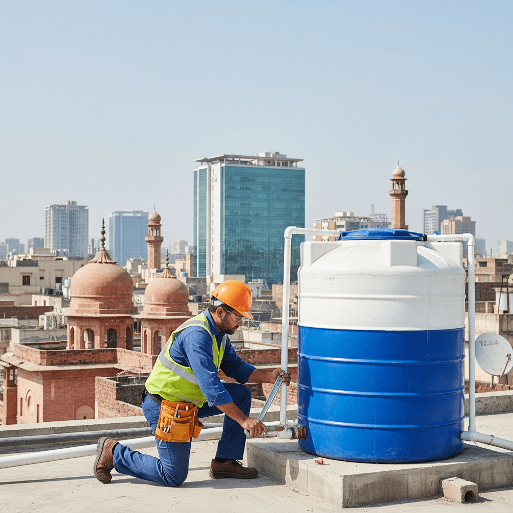 Professional water tank installation on rooftop