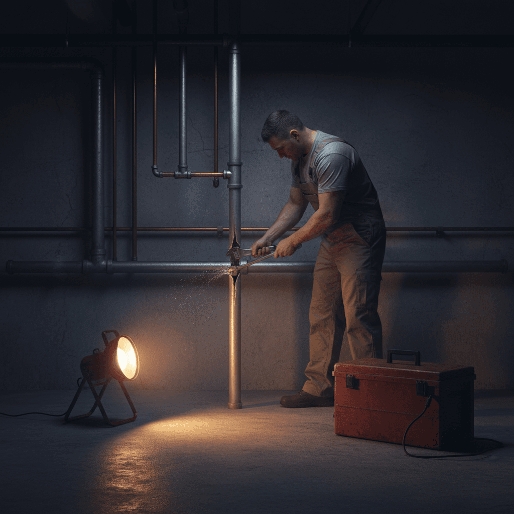 Emergency plumbing repair at night by work light