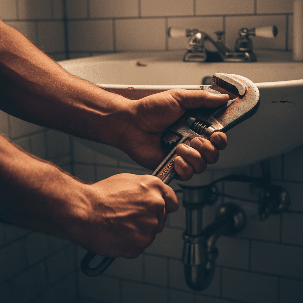 Plumber tightening pipe connection with wrench