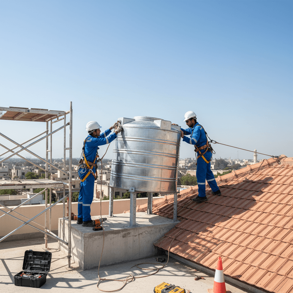 Professional water tank installation on rooftop