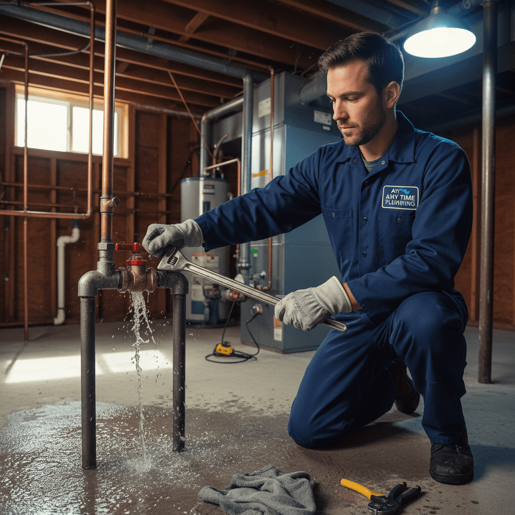 Plumber shutting off water flow during an emergency burst pipe repair