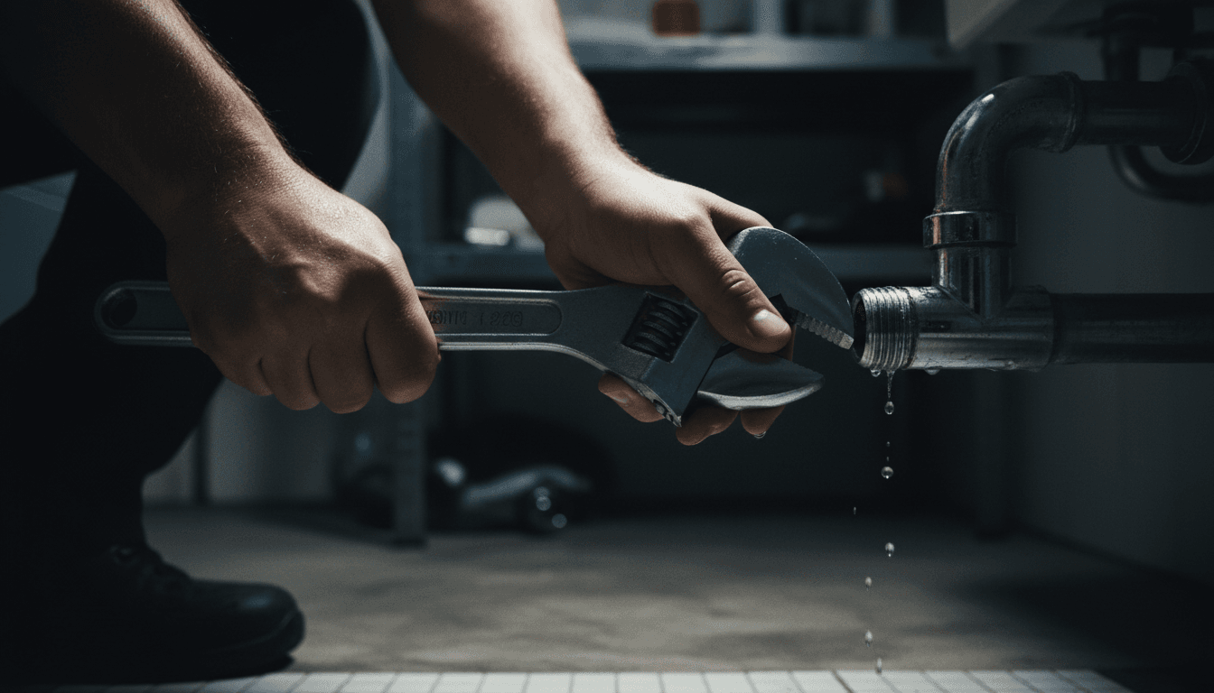 Dark, urgent documentary aesthetic close-up of a plumber's hands tightening a pipe connection with a wrench