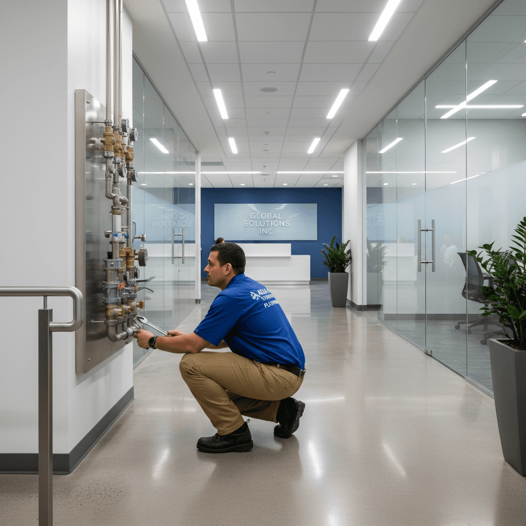 Plumber performing maintenance in commercial office building