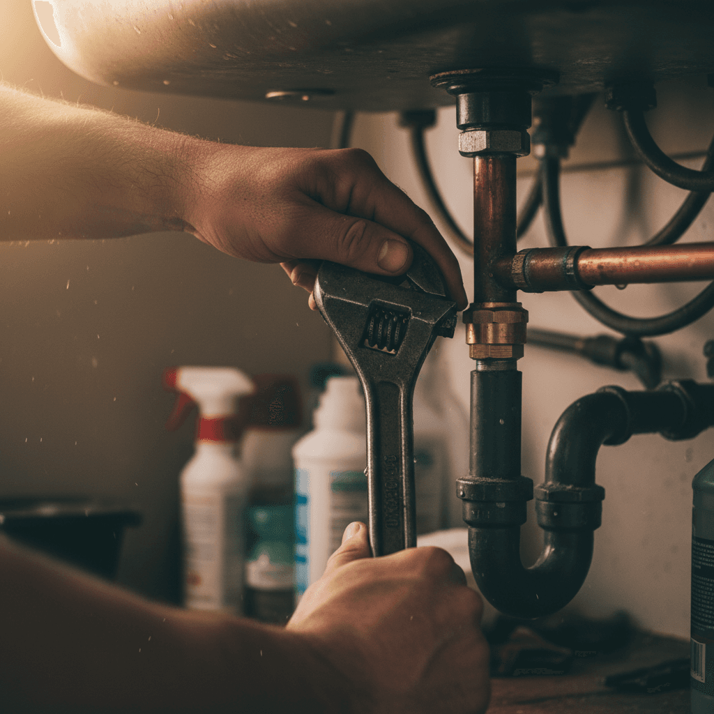 Professional plumber working on pipe fitting with wrench