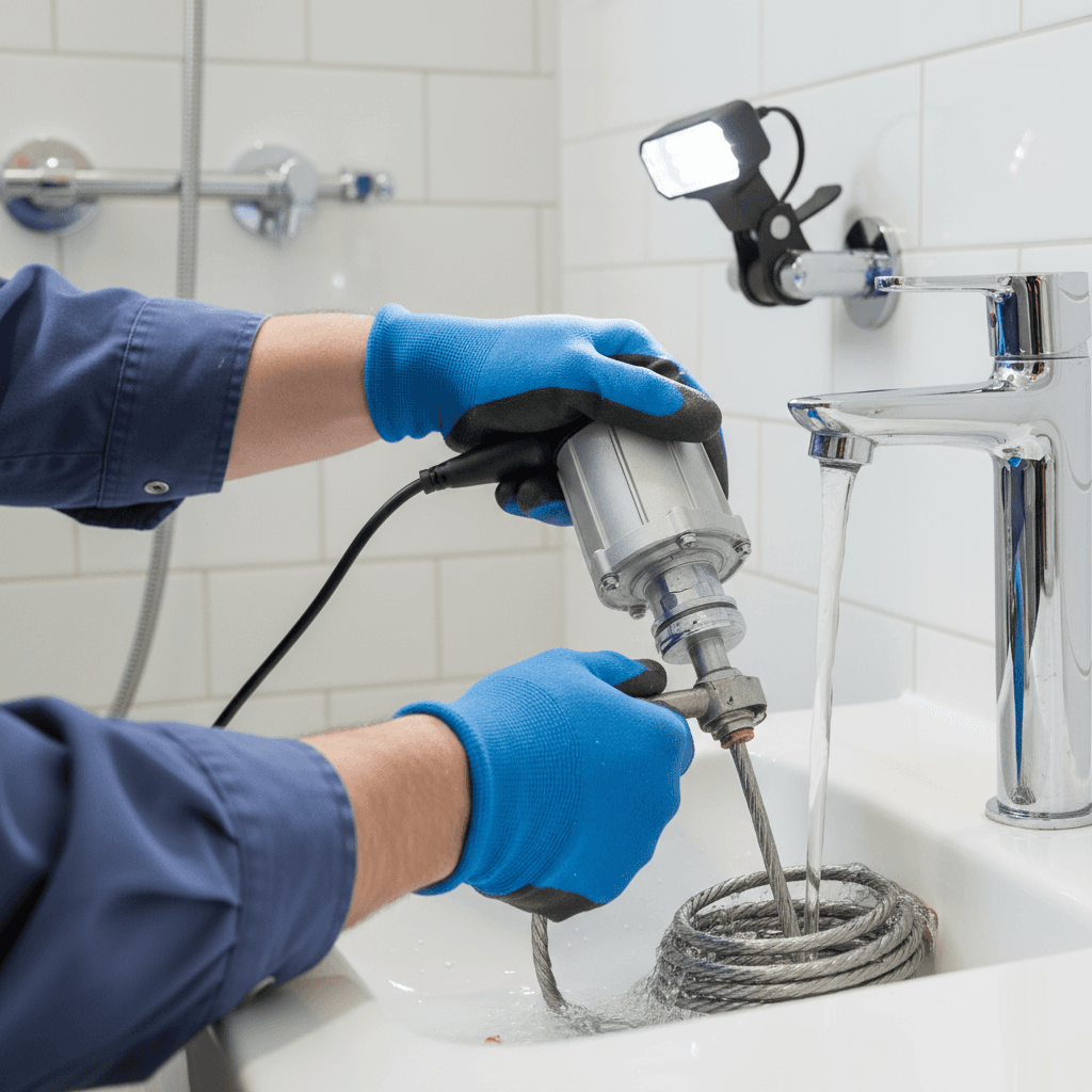 Plumber using a drain cleaning snake to clear a blocked bathroom sink