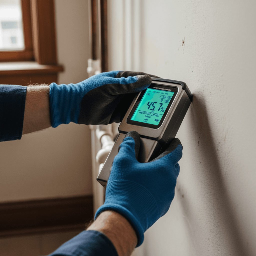 Plumber using a moisture meter to detect water leaks in drywall