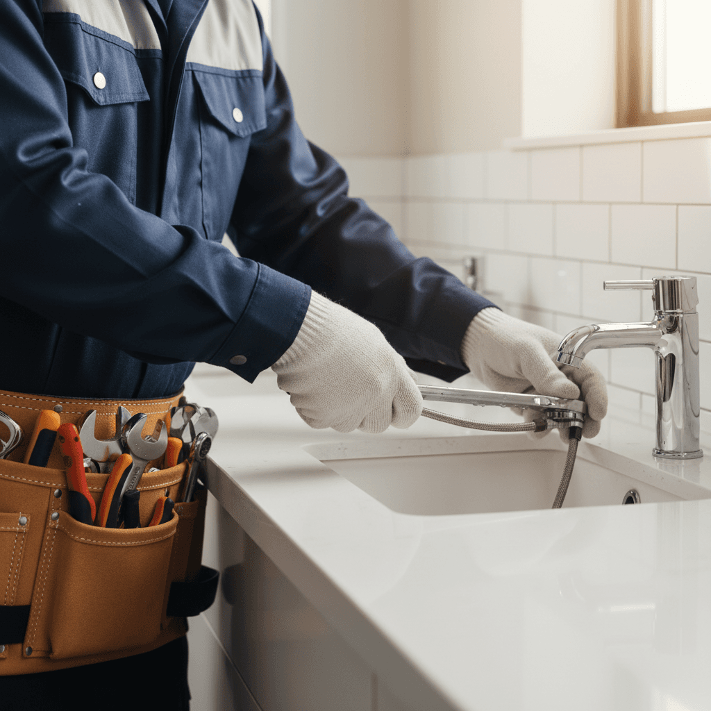 Plumber installing a modern chrome faucet on a bathroom vanity