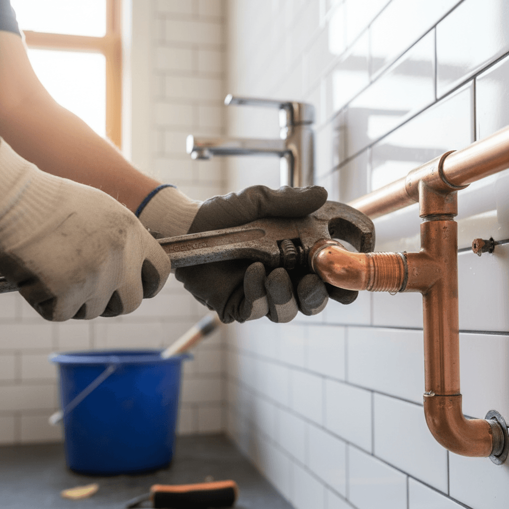 Professional plumber installing copper pipes in bathroom