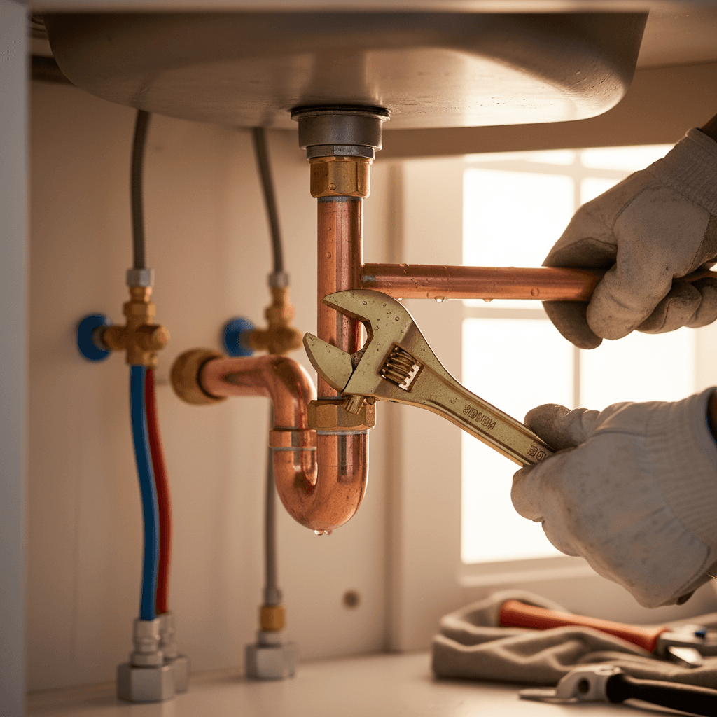 Plumber tightening a copper pipe connection under a kitchen sink