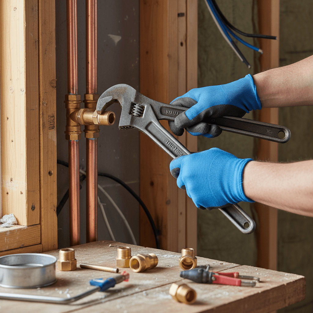 Plumber tightening pipe connection with wrench